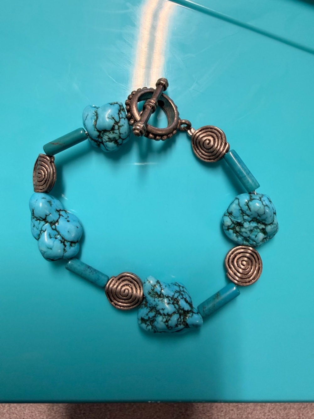 Turquoise Bead and Sterling Silver Spiral Bracelet - Turquoise